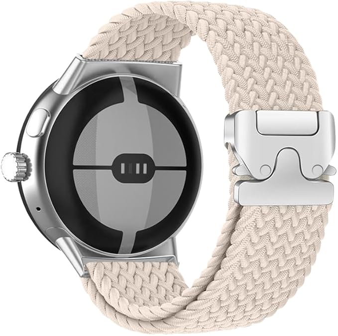 A silver smartwatch is shown with a round black sensor and a MobileTechnica Google Pixel Watch Band 4/3/2/1 41mm Magnetic Braided Wristband Bracelet in beige, highlighting the strap’s texture and precise sensors.