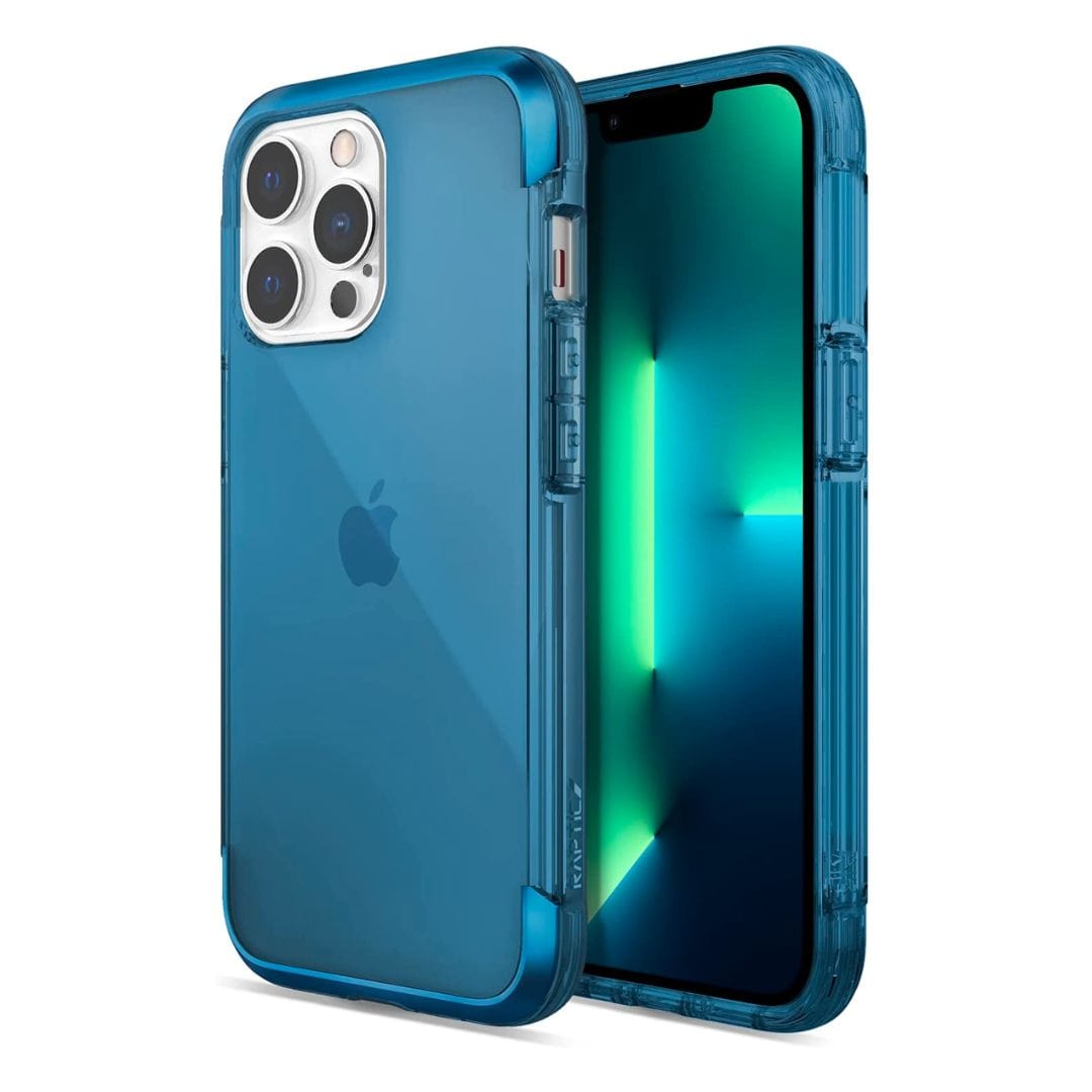 Two blue smartphone cases for an iPhone, featuring military-grade defense and a lightweight design—one showing the back with the camera, and the other displaying the front screen. The product is the **iPhone 14 Pro Max Impact Clear case - Raptic Air** by **Raptic**.