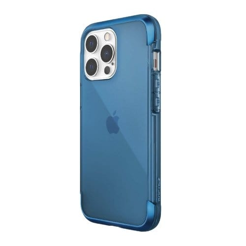 A blue iPhone 14 Pro Max Impact Clear case - Raptic Air with a protective case featuring three rear cameras and the Apple logo, offering military-grade defense.