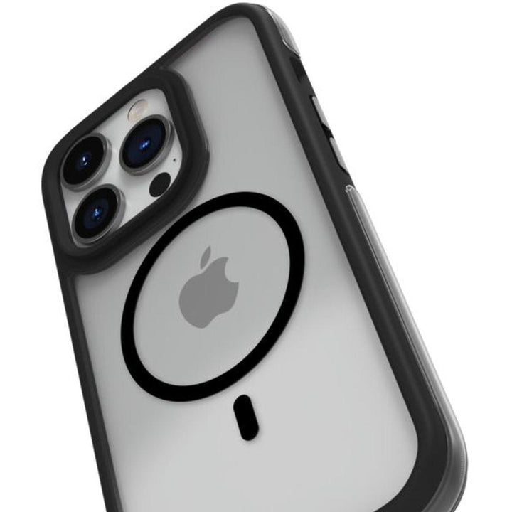 Close-up view of the back of a gray iPhone 15 Air Plus in a transparent case, showing the apple logo and a triple-camera setup by Raptic.