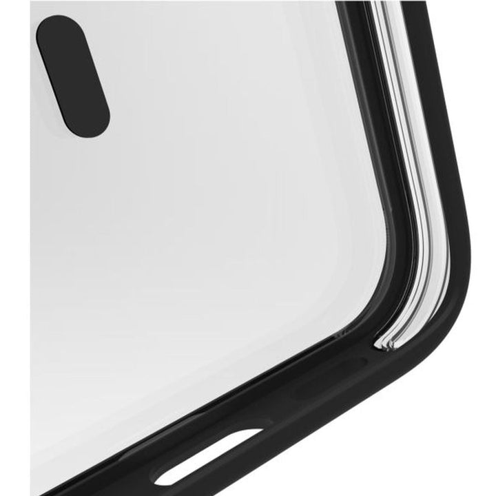 Close-up of a transparent iPhone 15 Air Plus case by Raptic focusing on the corner, showcasing its curved design and cutouts for buttons.