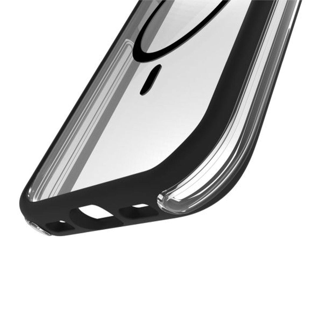 Close-up of a transparent iPhone 15 Air Plus smartphone case highlighting the precision cut-outs and reinforced corners with Airbag buffer protection by Raptic.