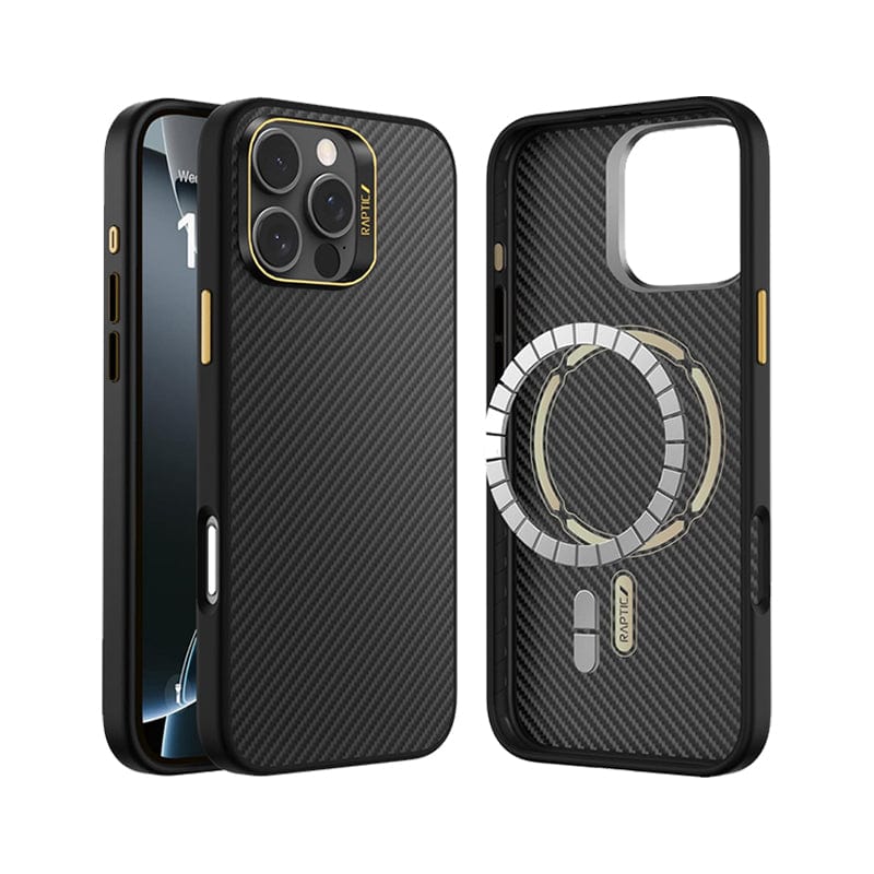 The image showcases two views of the Raptic Aramid Fibre for iPhone 16 Pro, a sleek black phone case featuring a carbon fiber texture with reinforced corners and gold accents around the camera cutout. The back view highlights a circular metal ring that functions as a kickstand. Inspired by Mondrian design elements, the "Raptic" brand name is prominently visible.
