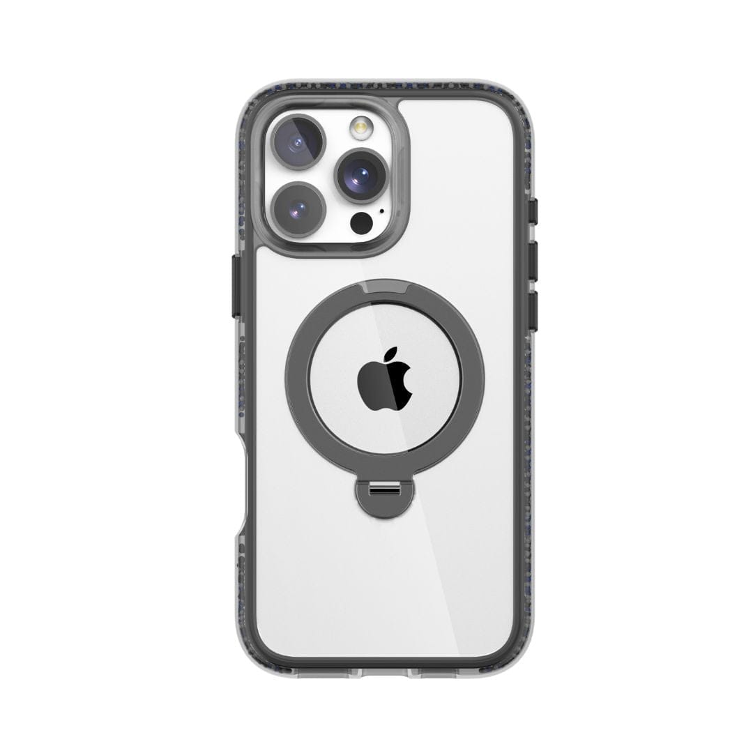 The Raptic AirJoy Beads with 360 Kickstand for iPhone 16 Pro is a clear phone case that prominently features a circular gray ring with an Apple logo in the center, likely supporting magnetic accessories. This case showcases the phone's three-lens camera setup, offers protective edges with exceptional shock absorption, and includes durable air bumpers.