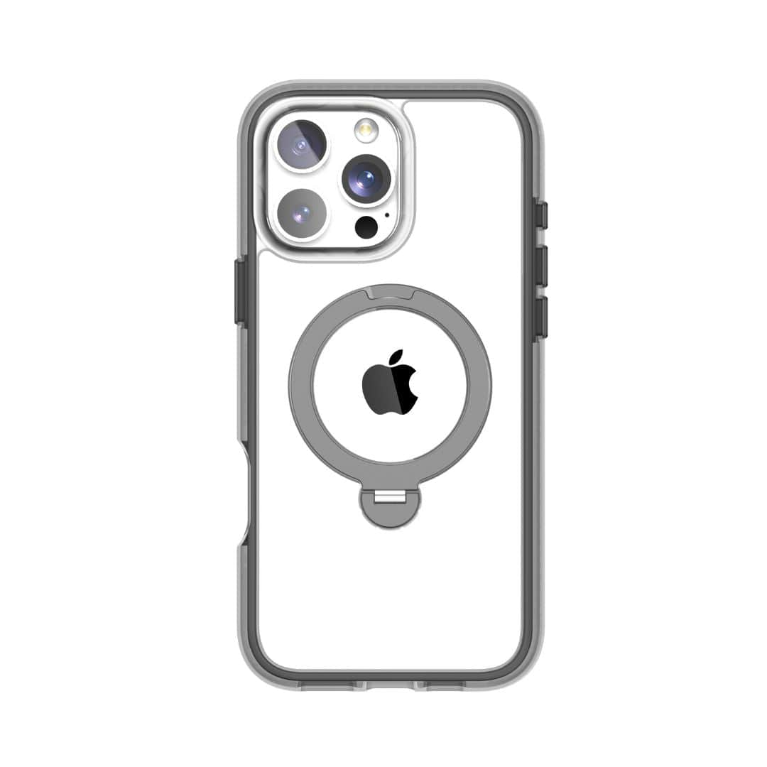 A Raptic AirJoy with 360 Kickstand for iPhone 16 Pro in a transparent protective case featuring grey accents, shock absorption, and an air bumper design. The back displays the Apple logo encircled by a grey ring, likely for mounting or grip. The camera boasts three prominent lenses and a flash.