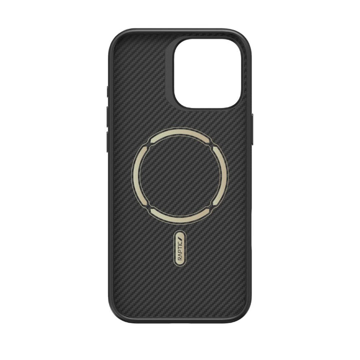 The Raptic Aramid Fibre for iPhone 16 Pro by Raptic is a sleek case with a textured, carbon fiber-style finish. It features an oblong camera cutout at the top and a circular metallic ring in the center, likely for magnetic attachment. The word "SMART" is printed on a small rectangular area below the ring.