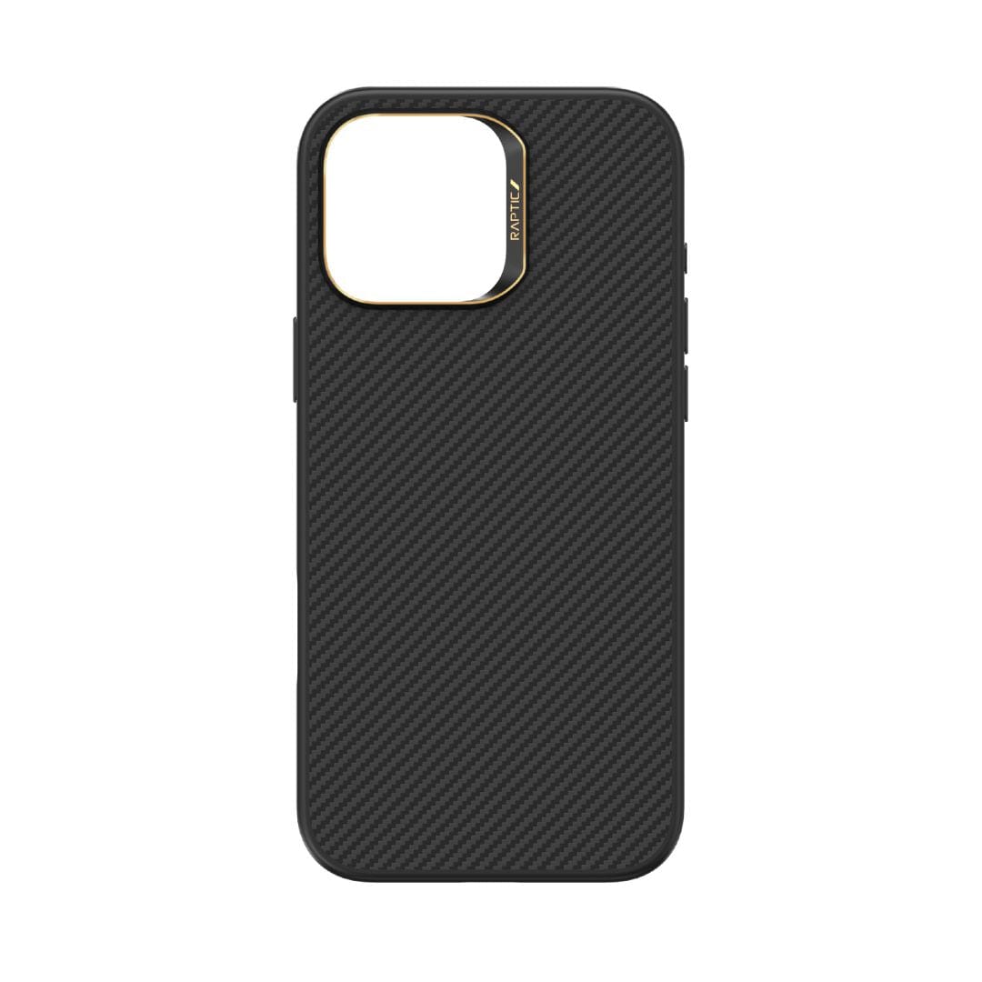 The Raptic Aramid Fibre for iPhone 16 Pro is a black carbon fiber phone case designed specifically for this smartphone. It features a stylish textured pattern on the back with a prominent rectangular cutout for the camera, accentuated with a gold trim around the opening. The edges of the case are equipped with tactile buttons for volume and power control.