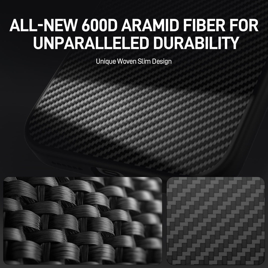 Image of a product advertisement featuring a close-up of the Raptic Aramid Fibre for iPhone 16 Pro case made from 600D aramid fiber. The main text reads, "ALL-NEW 600D ARAMID FIBER FOR UNPARALLELED DURABILITY." Below, it states, "Unique Woven Slim Design." The image includes two detailed close-ups showing the textured weave pattern.