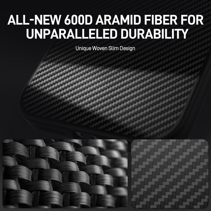 Image of a product advertisement featuring a close-up of the Raptic Aramid Fibre for iPhone 16 Pro case made from 600D aramid fiber. The main text reads, "ALL-NEW 600D ARAMID FIBER FOR UNPARALLELED DURABILITY." Below, it states, "Unique Woven Slim Design." The image includes two detailed close-ups showing the textured weave pattern.