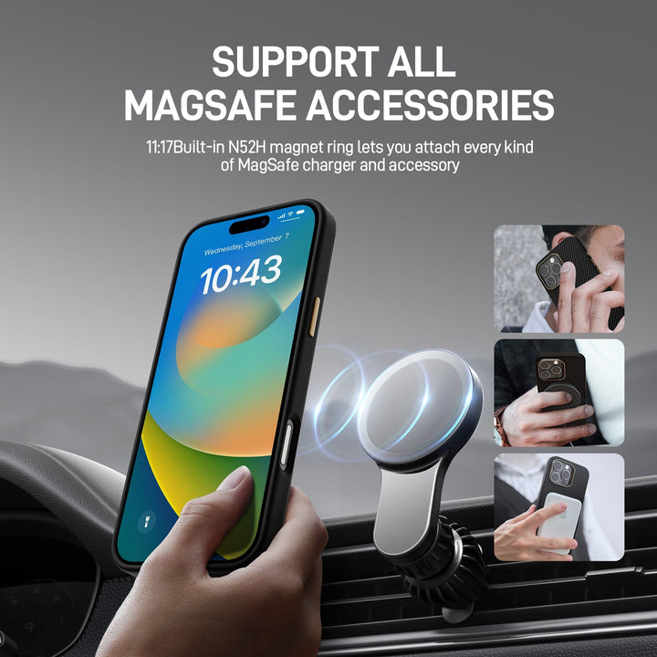 A hand holding an iPhone 16 Pro protected by the Raptic Aramid Fibre case is featured prominently. The background reveals a car interior with a MagSafe car mount in place. Inset images demonstrate the phone being connected to various MagSafe accessories: a charging pad, wallet, and desk stand. Text reads, "Supports all MagSafe accessories.