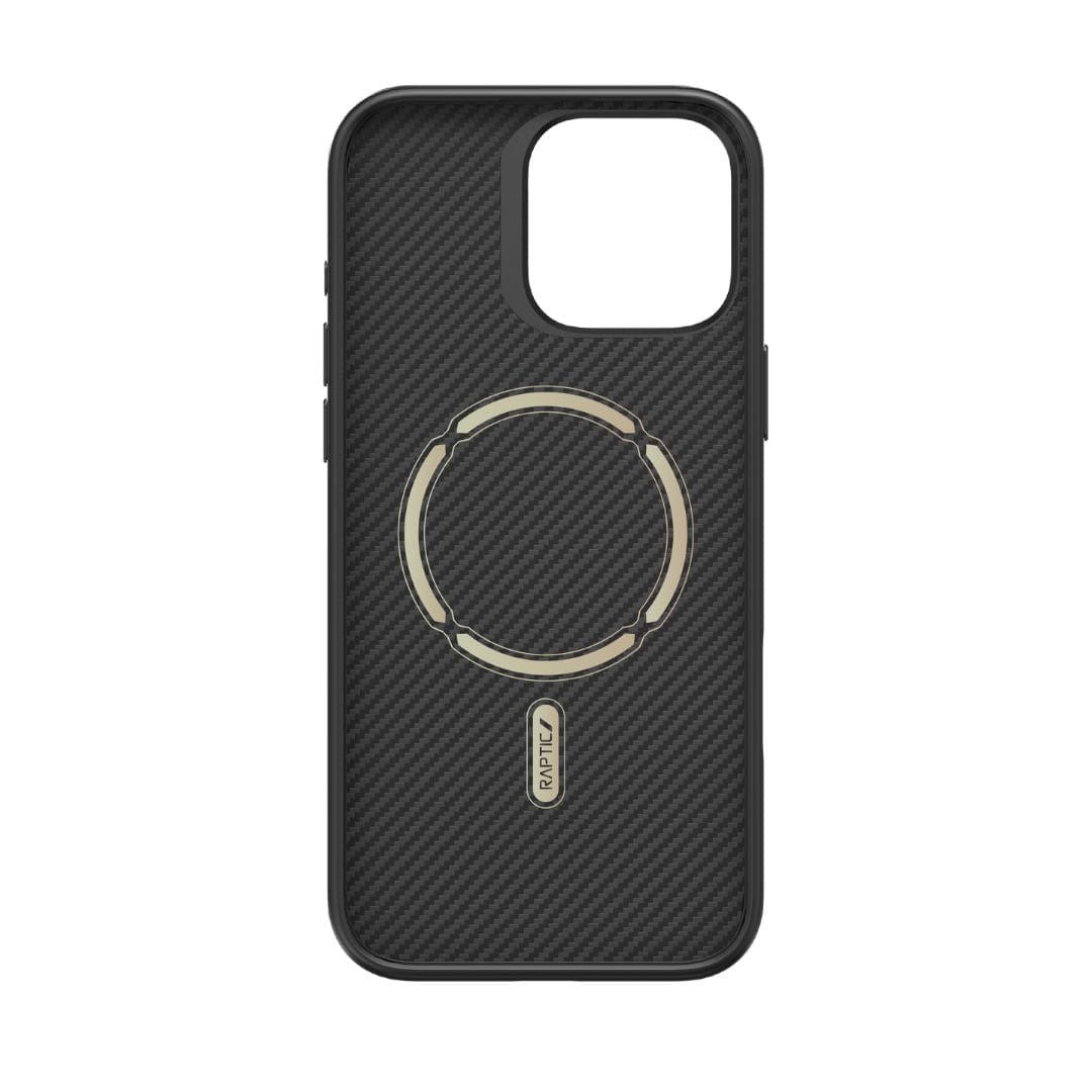 The Raptic Aramid Fibre for iPhone 16 Pro Max is a black phone case with a textured pattern and a circular magnetic ring in the center, designed for MagSafe compatibility. It boasts military-grade durability, with precise cutouts for the camera and control buttons, along with a small, rectangular label at the bottom featuring the brand name “Raptic” imprinted in white.