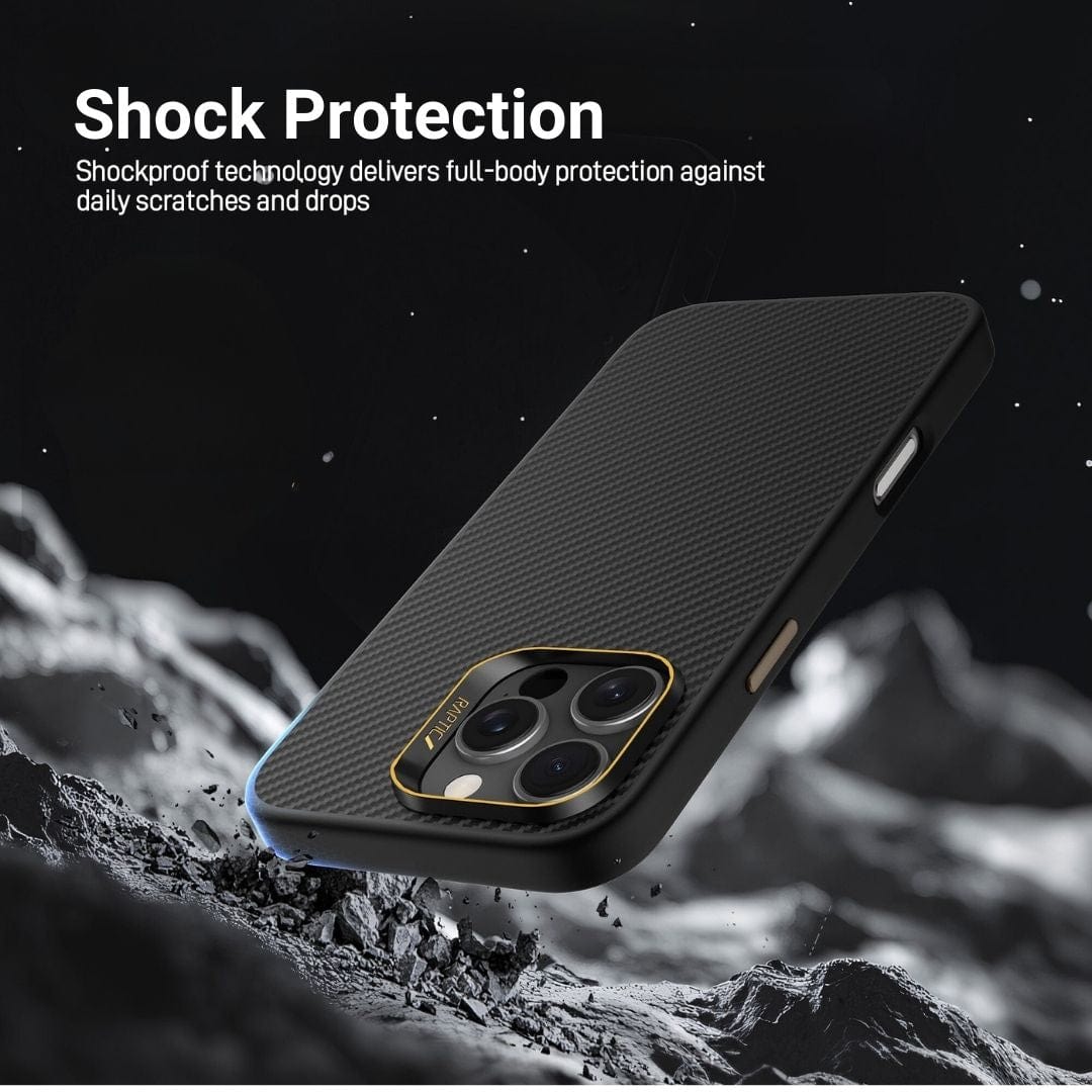 A close-up image of a smartphone with a black, textured case placed on a grey, rocky surface. Featuring reinforced corners and highlighted by a thin gold-lined camera module, the Raptic Aramid Fibre for iPhone 16 Pro Max showcases military-grade durability. Text at the top reads "Shock Protection" with additional details about shockproof technology.