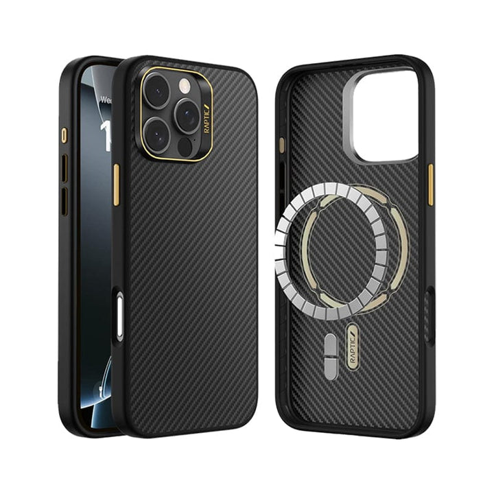 Image of the Raptic Aramid Fibre for iPhone 16 Pro Max case with military-grade durability. The black case flaunts a carbon fiber texture, gold accents on the buttons and camera cutout, and a built-in ring holder. One phone displays a gradient screen, while another showcases the stylish back.