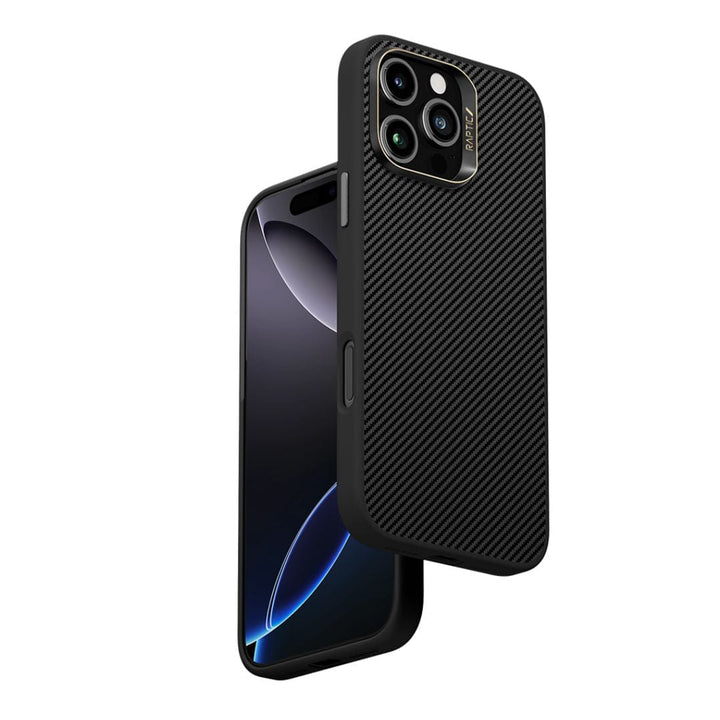 The Raptic Aramid Fibre case for the iPhone 16 Pro Max features a sleek black design with a textured diagonal stripe reminiscent of Mondrian art. The screen showcases minimalist intersecting blue arcs against a dark background. Angled slightly to the left, it reveals the rear camera setup with three lenses and an LED flash, all protected by military-grade materials.