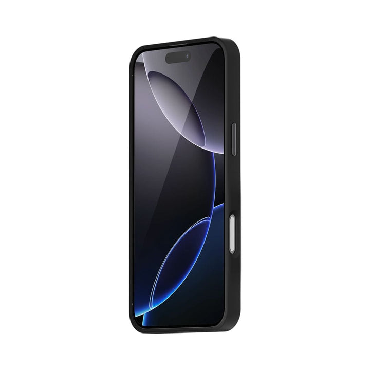 A Raptic Aramid Fibre case for the iPhone 16 Pro Max is showcased, styled in a sleek black Mondrian design and displayed at an angle. The screen features a minimalist wallpaper with abstract blue and black curves. The buttons on the side of the phone are visible, highlighting its thin bezels and slightly raised camera bump.