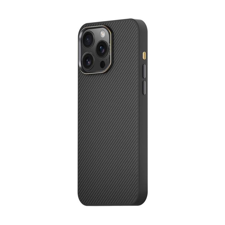 The Raptic Aramid Fibre for iPhone 16 Pro Max is a black smartphone case with a textured carbon fiber design that offers military-grade protection. It features precise cutouts for the phone's three camera lenses, flash, and sensor. Gold-colored details accent the camera module, while the sides display volume controls and a mute switch.