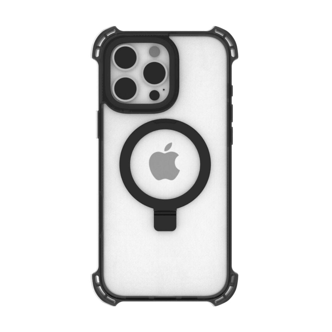 A smartphone encased in a rugged black and white Raptic Dual Impact Kickstand Case for iPhone 16 Pro, featuring a central circular grip ring attachment on the back. The Apple logo is visible through the translucent back panel. The case corners are reinforced with bumpers for ultimate drop protection, and the camera section houses three lenses.