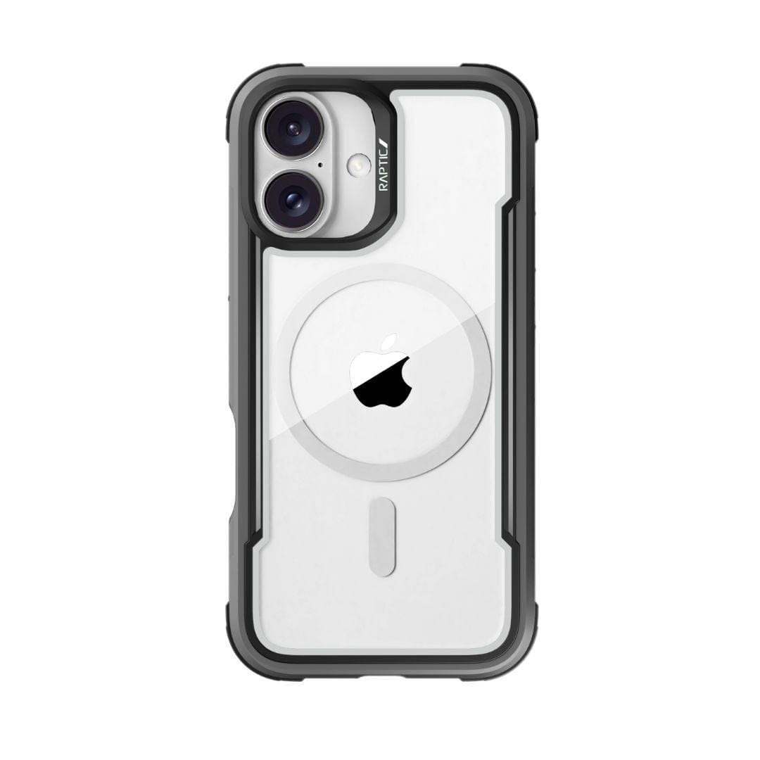 A white smartphone with dual rear cameras encased in a black and transparent Raptic Shield MagSafe Case for iPhone 16. The Apple logo is partially covered by the circular design of the case. This rugged case, designed to MIL-STD-810G standards, offers 3-metre drop protection and features reinforced black borders.