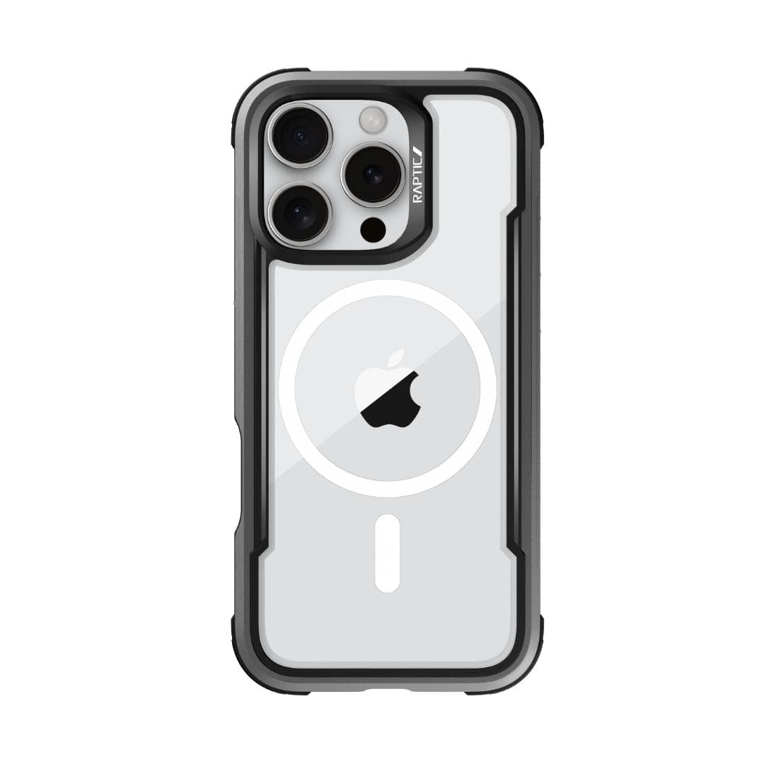 The Raptic Shield MagSafe Case for iPhone 16 Pro Max is a black and clear smartphone case designed by Raptic. The MagSafe compatible case features a rugged black frame with a transparent back, allowing the Apple logo to be visible. It includes precise cutouts for the triple camera system, flash, and other ports, along with a white MagSafe circle at the center.