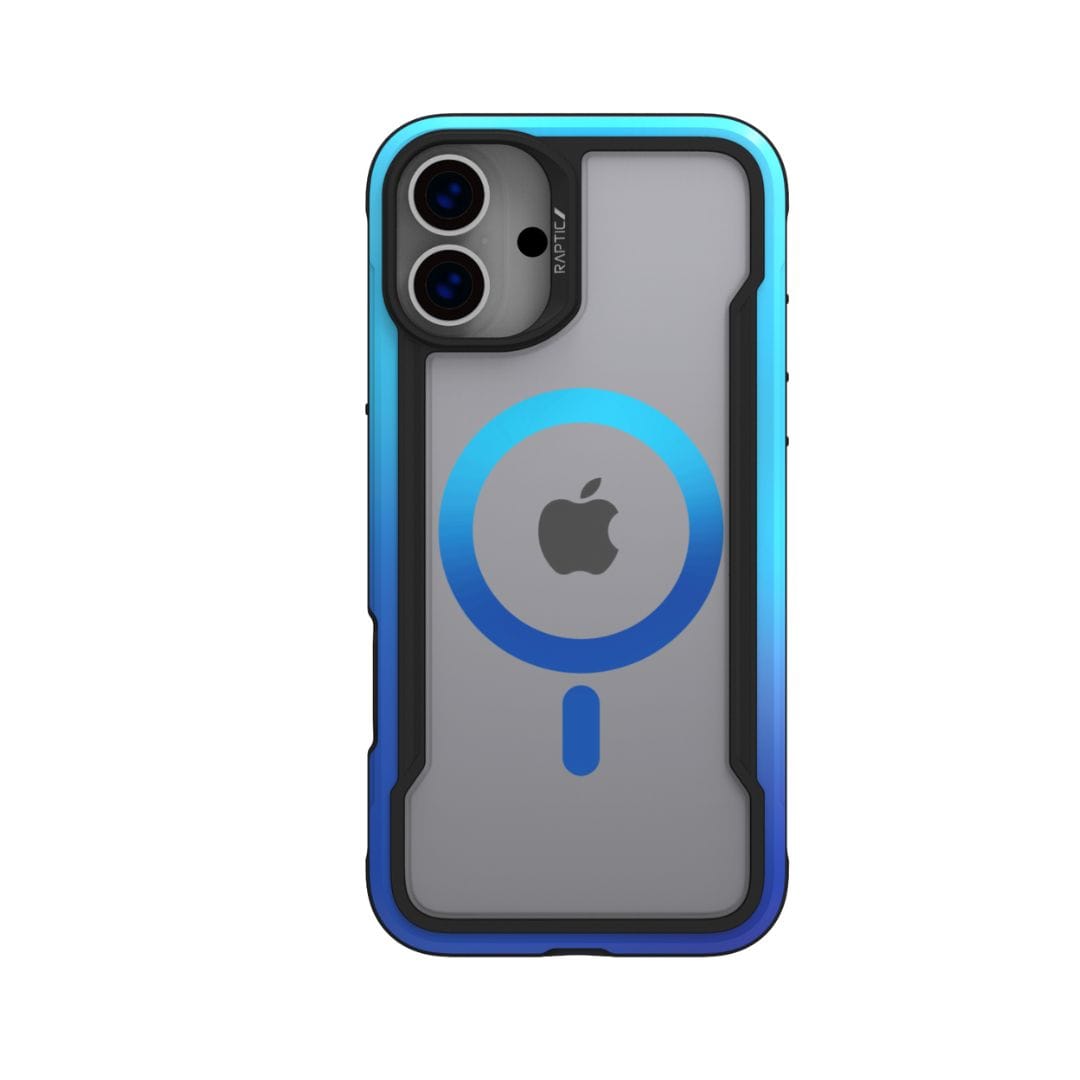 The image showcases the Raptic Shield 2.0 MagSafe for iPhone 16 Plus, featuring a blue-framed transparent phone case with black accents. Using the IML Process MagSafe Ring, the Apple logo and a prominent blue ring signifying MagSafe compatibility are visible on the back. The case also has precise cutouts for the camera and other ports.