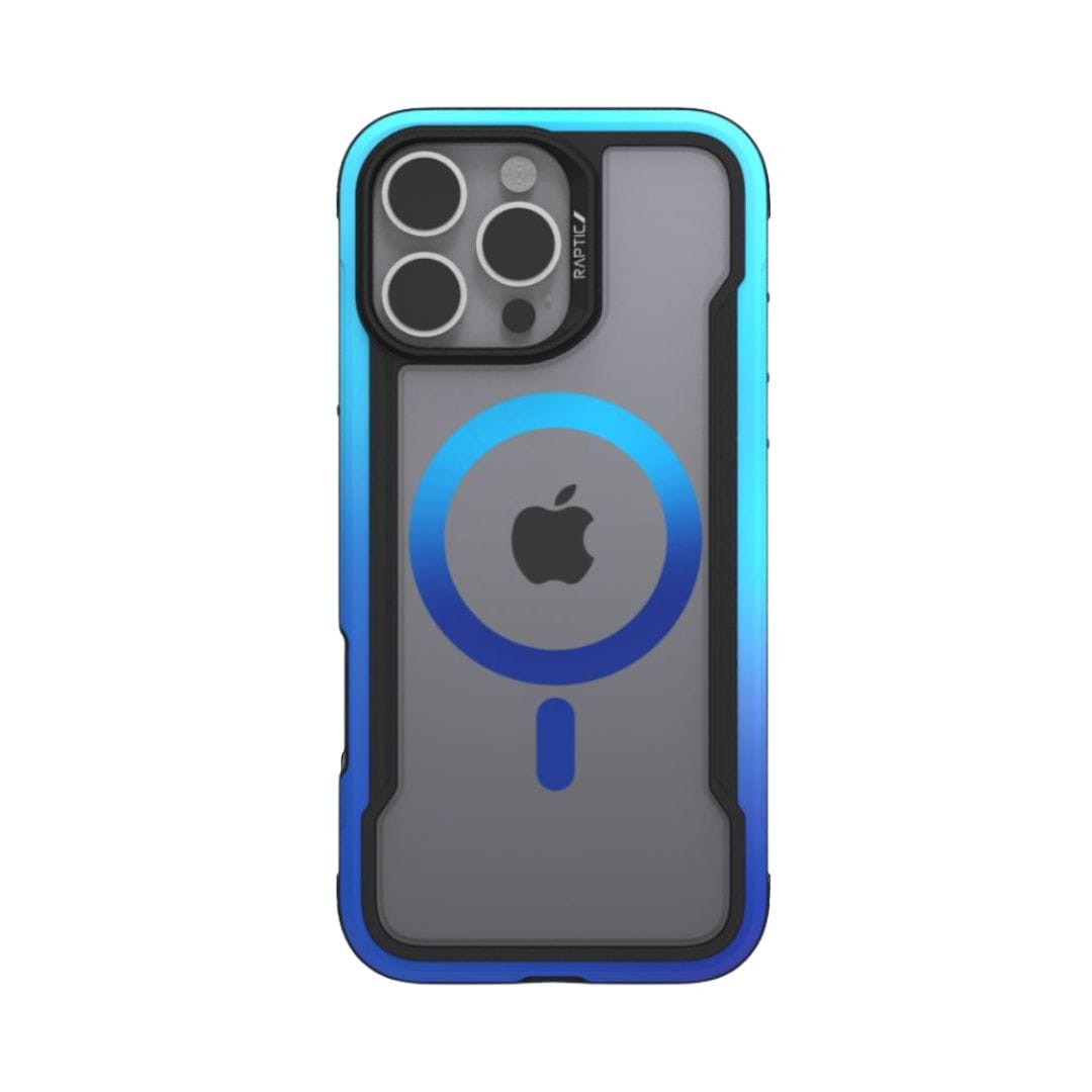 A smartphone in a blue gradient, heavy-duty Raptic Shield 2.0 MagSafe for iPhone 16 Pro Max case featuring a clear back with the Apple logo and a circular MagSafe ring. The phone has three rear camera lenses situated in the top left corner, surrounded by a protective raised TPU bumper from Raptic for added protection.