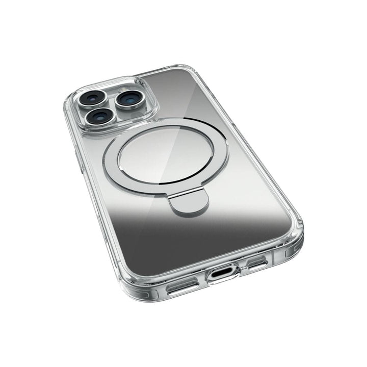 The Raptic Air Stand Mirror Case with MagSafe for iPhone 16 Pro Max is shown. This transparent case is designed for the modern device and features a metallic ring in the center for MagSafe compatibility. It has precise cutouts for the camera, charging port, and buttons, and also includes reinforced corners for added protection.