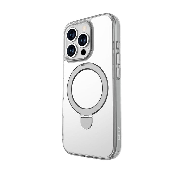 The Raptic Air Stand Mirror Case with MagSafe for iPhone 16 Pro Max is displayed. This clear 3-in-1 phone case includes openings for the iPhone's three camera lenses and flash, as well as precise cutouts for side buttons and ports. The rear MagSafe-compatible metallic ring stand can function as a kickstand or provide an enhanced grip.