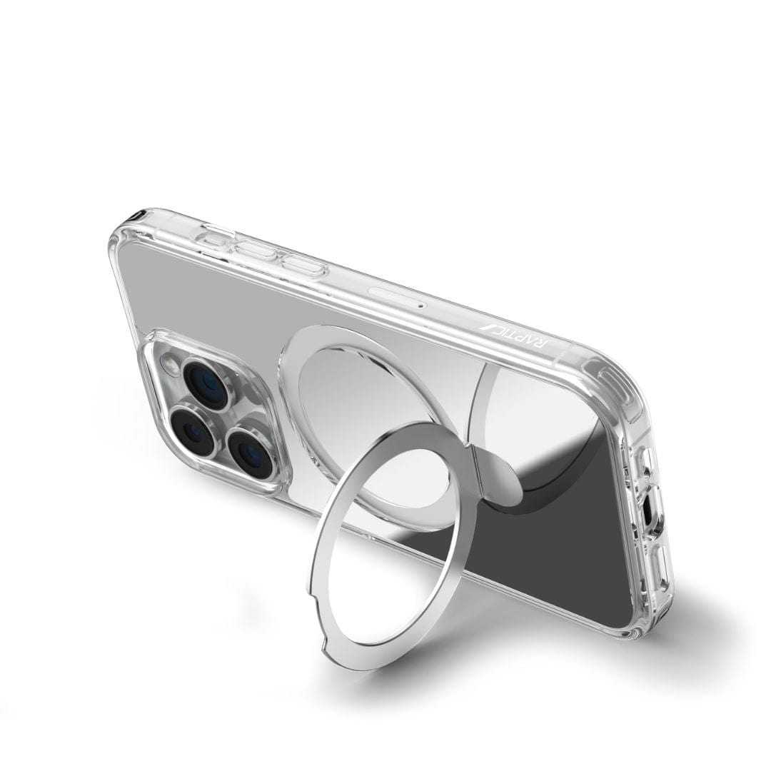 The Raptic Air Stand Mirror Case with MagSafe for iPhone 16 Pro Max is a transparent 3-in-1 phone case featuring a built-in metallic ring holder. It attaches to the back of the smartphone with MagSafe compatibility and highlights three visible camera lenses. The silver ring holder is positioned near the lower middle part of the case, elegantly angled outward in an arc shape.