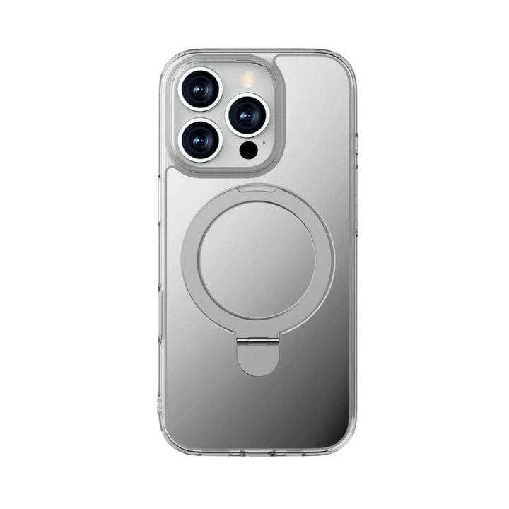 The Raptic Air Stand Mirror Case with MagSafe for iPhone 16 Pro Max is a clear 3-in-1 phone case that showcases the back of the smartphone, highlighting its three rear camera lenses and flash arranged in a triangular layout at the top left corner. The case features a built-in circular metal ring stand in the center, allowing the phone to stand upright, and offers MagSafe compatibility.