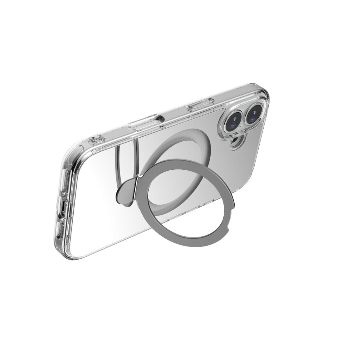 The Raptic Air Stand Mirror Msafe iPhone 16 is a clear smartphone case featuring a built-in circular metal ring stand. This 3-in-1 case has precise cutouts for the camera, buttons, and ports. Positioned toward the center, the metal ring can serve as both a kickstand and a finger grip for improved handling. It also includes MagSafe compatibility for easy charging.