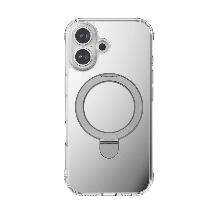 A transparent Raptic Air Stand Mirror Msafe iPhone 16 case fitted on a mobile device. This 3-in-1 phone case features a prominent circular ring positioned centrally on the back, functioning as both a kickstand and a grip holder. The phone's dual-camera setup is visible at the top-left corner of the case, ensuring MagSafe compatibility.