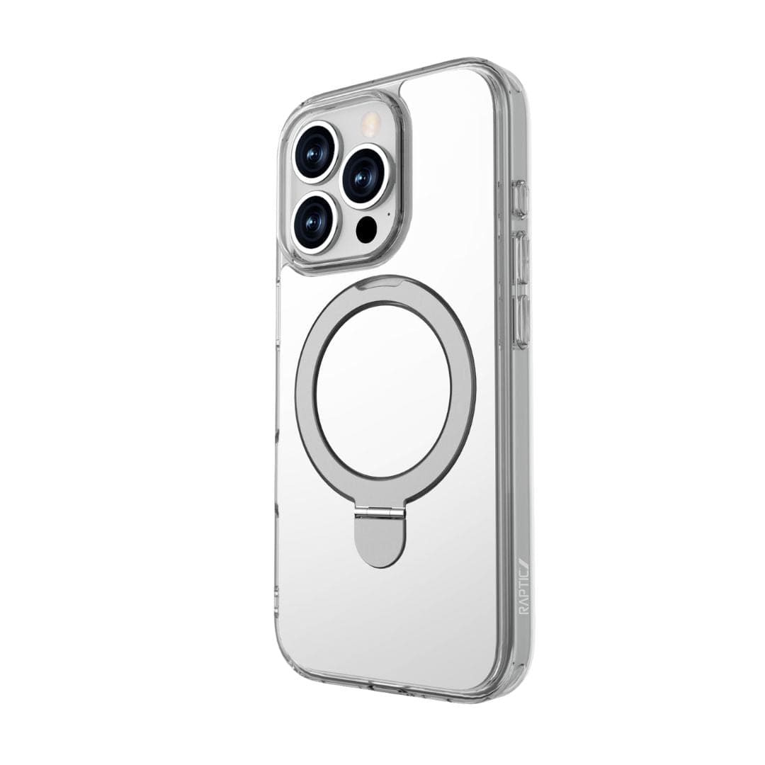 The Raptic Air Stand Mirror with MagSafe for iPhone 16 Pro is a clear, transparent phone case that sports a sleek rectangular design with precise cutouts for camera lenses. It features an integrated circular MagSafe ring on the back, ensuring compatibility with magnetic accessories, and boasts reinforced corners for enhanced protection.