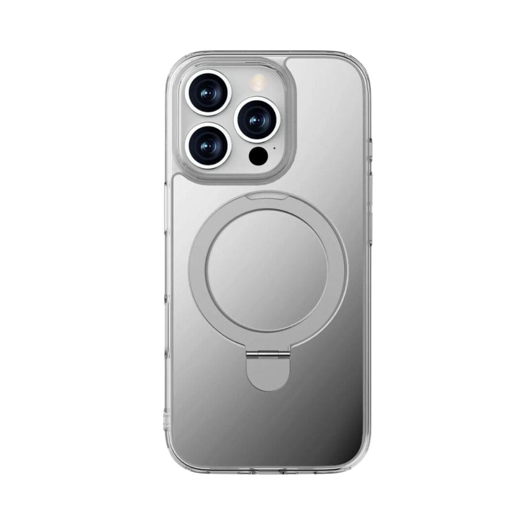 The Raptic Air Stand Mirror with MagSafe for iPhone 16 Pro, a silver smartphone equipped with three rear cameras, is displayed alongside a transparent, multifunctional phone case. The case features a circular metal ring in the center, designed for MagSafe compatibility or as a kickstand. The phone's camera layout includes a flash and three lenses arranged in a triangular pattern.