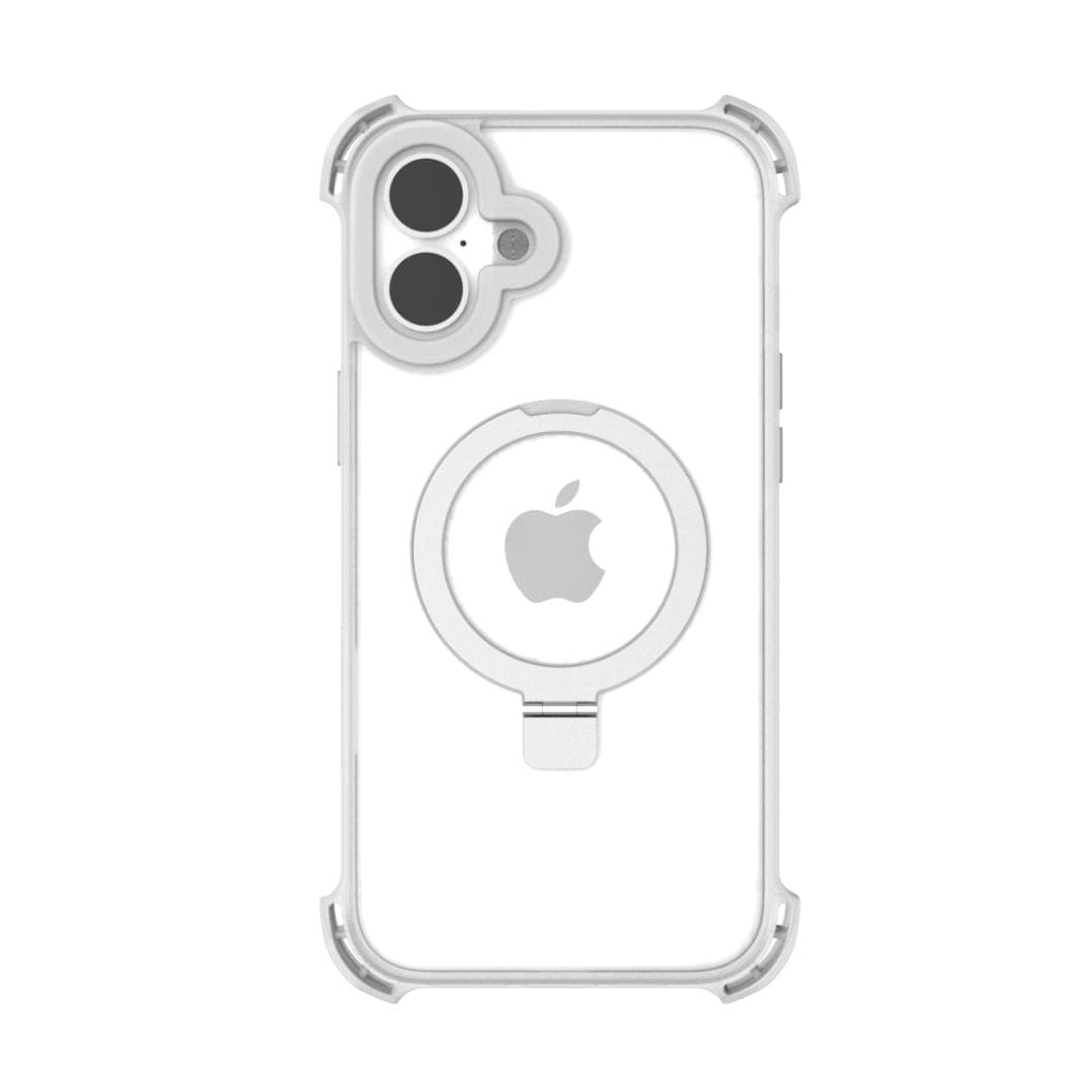 The Raptic Dual Impact Kickstand Case for iPhone 16 Plus features a transparent design with reinforced corners for enhanced protection. Designed to offer shock absorption, it also includes MagSafe compatibility with a circular MagSafe area in the center, showcasing an Apple logo inside the ring. The case has a large camera cutout to accommodate multiple lenses and a flash.