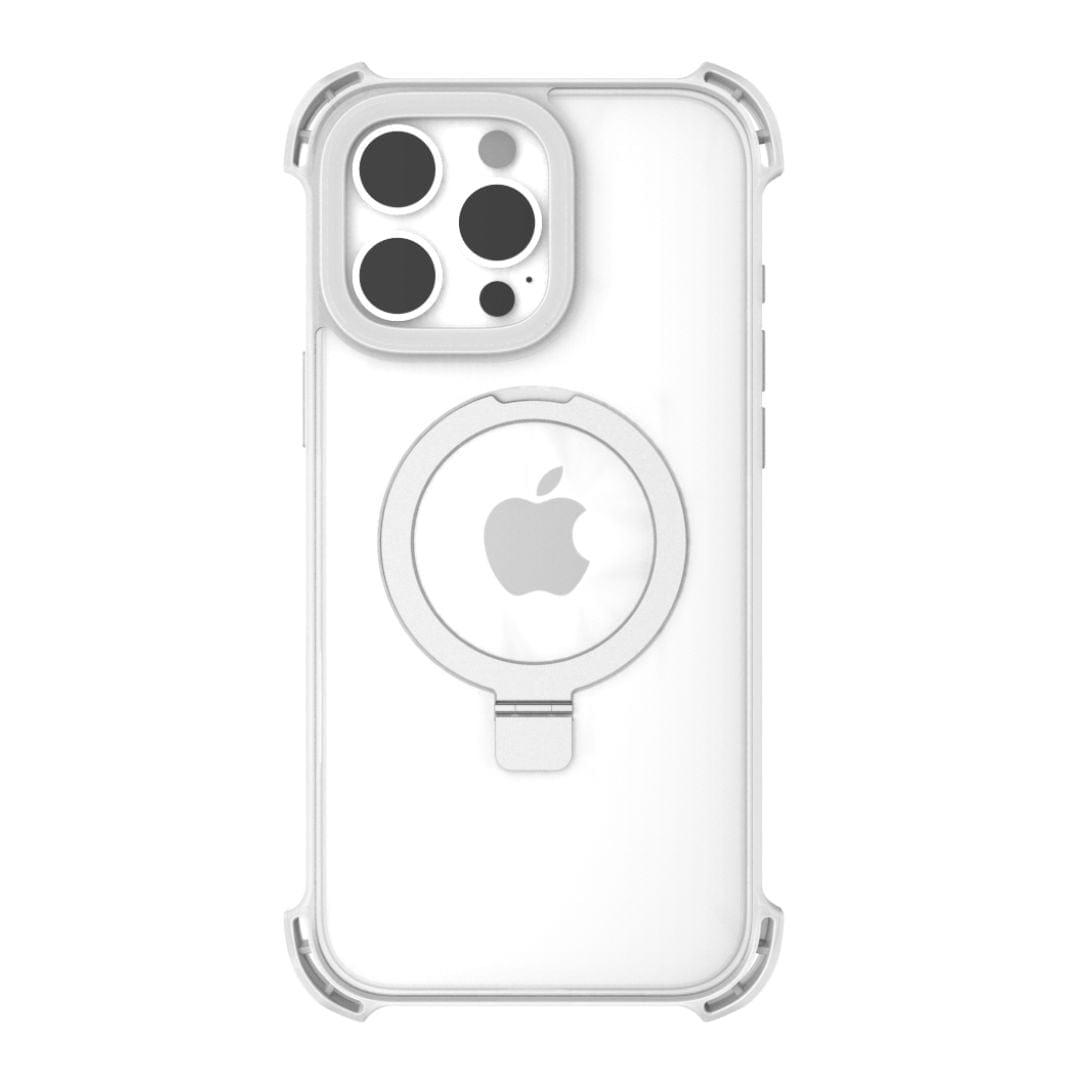 The Raptic Dual Impact Kickstand Case for iPhone 16 Pro Max is displayed. This clear protective case features reinforced corners for shock absorption, a MagSafe ring in the center of the back, and precise cutouts for buttons and ports to ensure full MagSafe compatibility. It accommodates a phone with three camera lenses and a flash in the top left corner.