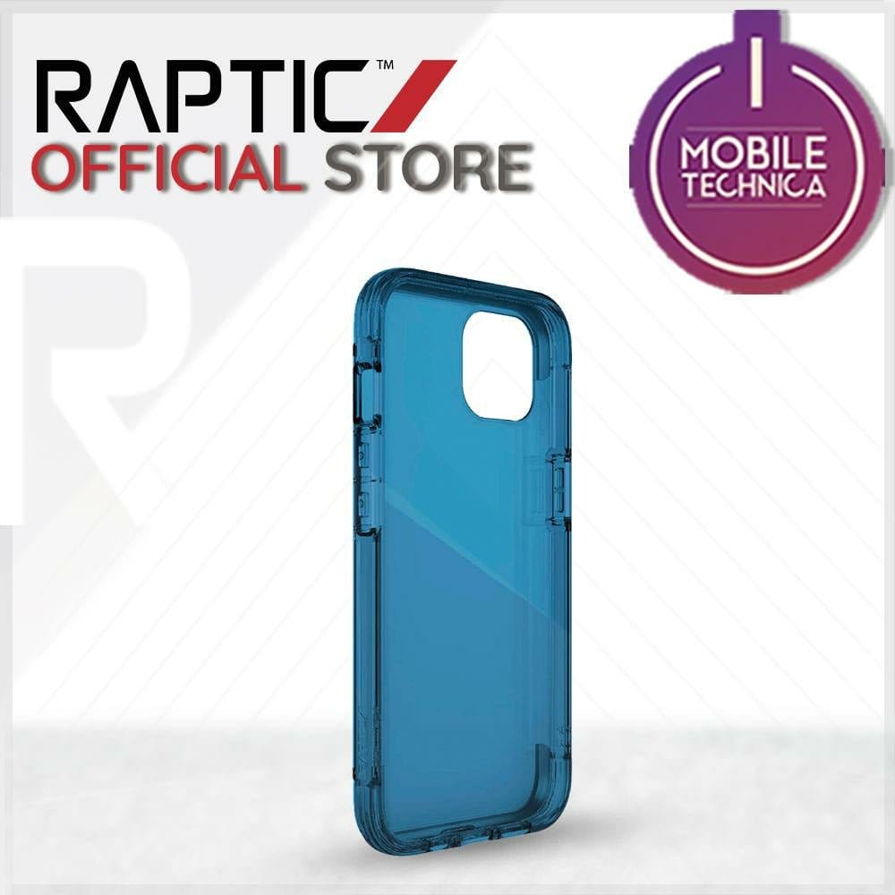 A blue iPhone 13 Pro Max Mini Case Raptic Air Clear Bumper Hard Cover is displayed on a white background with the Raptic Official Store and Mobile Technica logos in the corners. The shock absorbent and MagSafe compatible design ensures both durability and functionality.