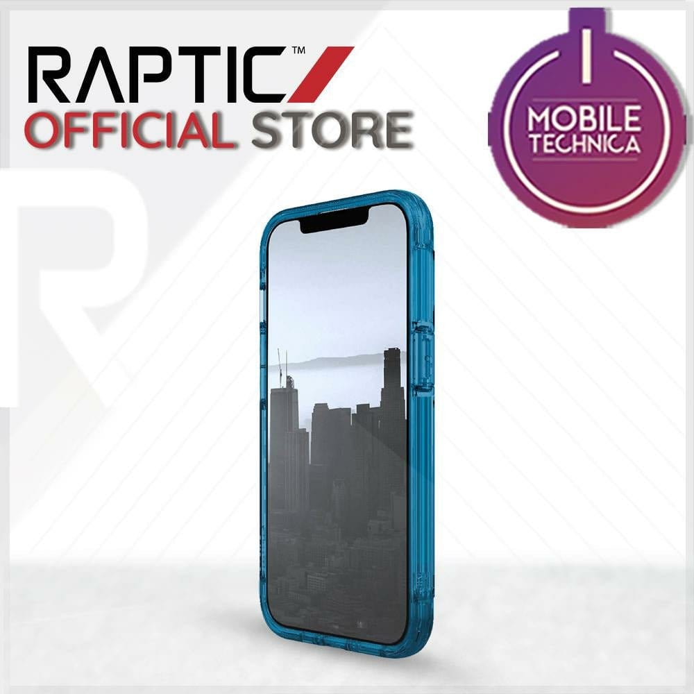 Raptic Official Store iPhone 13 Pro Max Mini Case Raptic Air Clear Bumper Hard Cover shown in blue. MagSafe compatible and shock absorbent, it features a city skyline on the phone screen with the "i Mobile Technica" emblem in the top right corner. Perfectly designed for your iPhone 13.