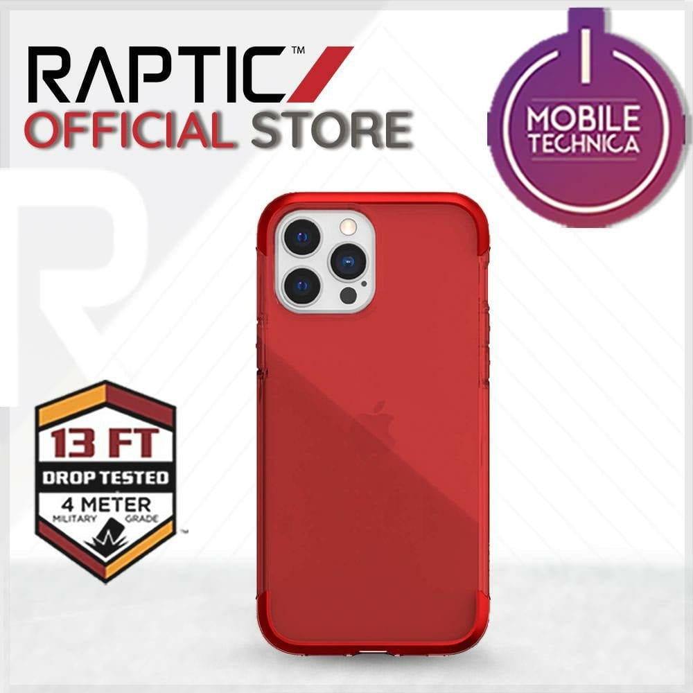 Clear iPhone 13 Pro Max Mini Case Raptic Air Clear Bumper Hard Cover by Raptic displayed in front of "Raptic Official Store" and "Mobile Technica" logos. Features a "13 FT Drop Tested" badge indicating 4-meter military-grade protection. MagSafe compatible and shock absorbent for ultimate durability.