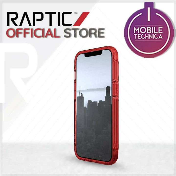 Red-bordered iPhone 13 Pro Max Mini Case Raptic Air Clear Bumper Hard Cover displayed against a white background, with logos of "Raptic Official Store" and "Mobile Technica" visible. This MagSafe compatible case by Raptic is also shock absorbent, offering both style and protection for your device.