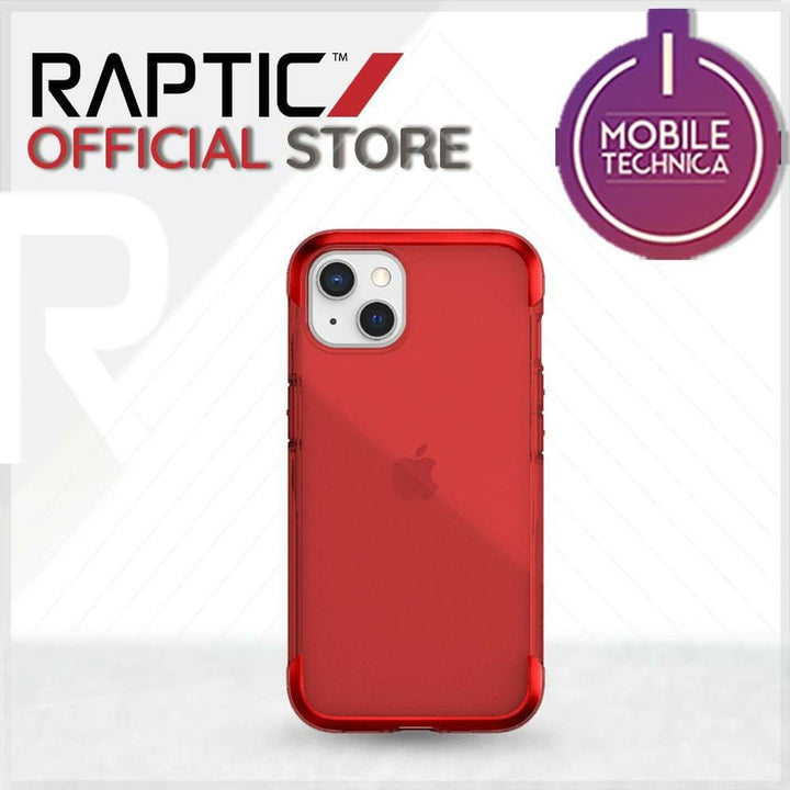 Image of a red iPhone 13 Pro Max Mini Case Raptic Air Clear Bumper Hard Cover in a clear, shock-absorbent, MagSafe compatible protective cover displayed against a light background. The text "Raptic Official Store" and a "Mobile Technica" award badge are shown in the top left corner.