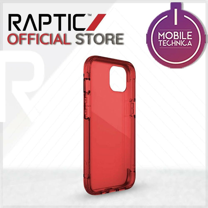 A red iPhone 13 Pro Max Mini Case Raptic Air Clear Bumper Hard Cover is displayed with the text "Raptic Official Store" and a "Mobile Technica" badge in the background, highlighting its shock absorbent design and MagSafe compatibility.