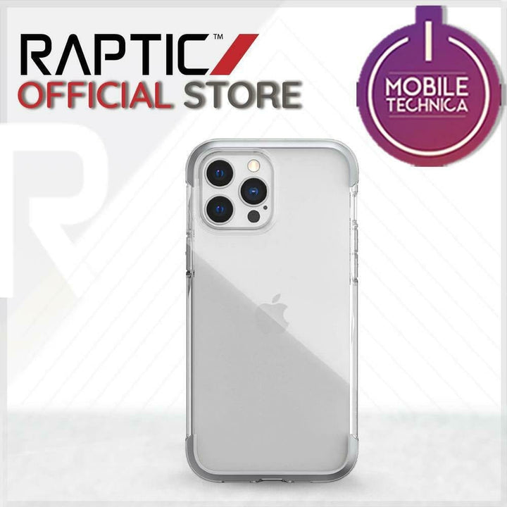 Clear phone case displayed upright with label "Raptic Official Store" and "1 Mobile Technica" award badge. This MagSafe compatible, shock absorbent iPhone 13 Pro Max Mini Case Raptic Air Clear Bumper Hard Cover is designed for maximum protection and style.