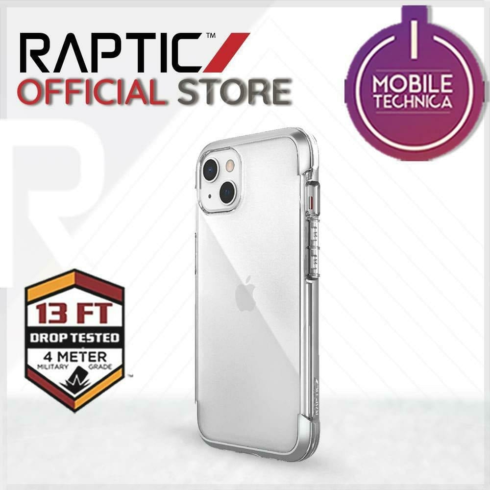 Clear iPhone 13 Pro Max Mini Case Raptic Air Clear Bumper Hard Cover for an iPhone displayed under Raptic branding, MagSafe compatible, 13 ft drop tested, 4-meter military grade, and shock absorbent. Mobile Technica award badge is also visible.