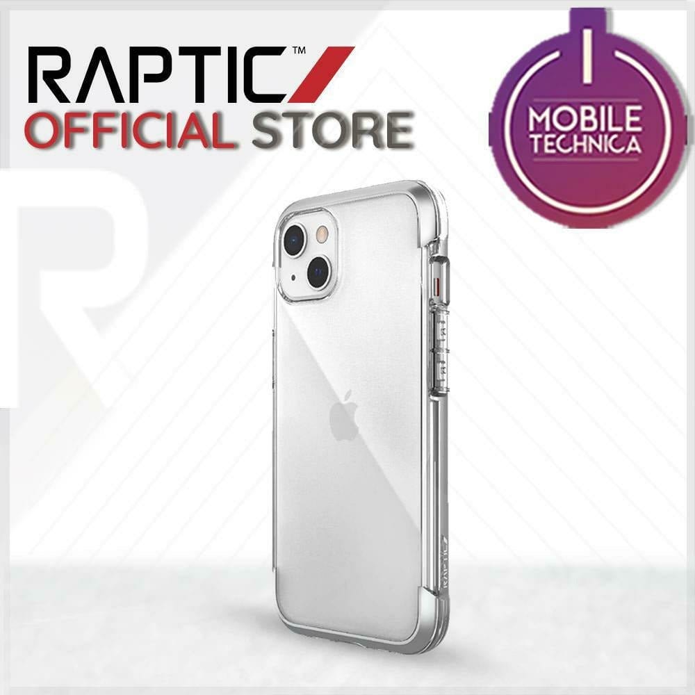 An iPhone 13 Pro Max Mini Case Raptic Air Clear Bumper Hard Cover, MagSafe compatible and shock absorbent, is displayed against a white background, featuring the RAPTIC Official Store logo and a Mobile Technica award badge.