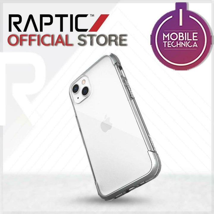 Clear phone case with silver edges displayed against a white background. Text reads "RAPTIC OFFICIAL STORE" and a logo for "I Mobile Technica" is shown in the corner. This MagSafe compatible iPhone 13 Pro Max Mini Case Raptic Air Clear Bumper Hard Cover offers shock absorbent protection.