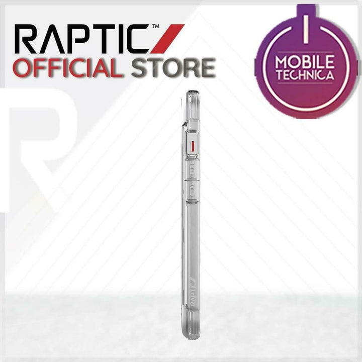 Side view of a clear iPhone 13 Pro Max Mini Case Raptic Air Clear Bumper Hard Cover with red accents for sale at Raptic Official Store, featuring a Mobile Technica logo. This shock absorbent and MagSafe compatible case offers both style and protection.