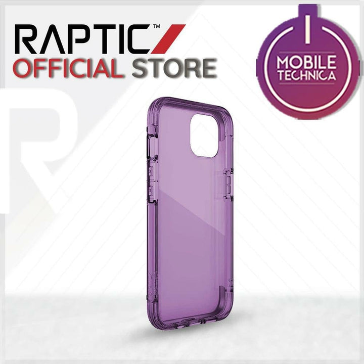 Image of a transparent purple iPhone 13 Pro Max Mini Case Raptic Air Clear Bumper Hard Cover, MagSafe compatible and shock absorbent, displayed on a promotional graphic for Raptic Official Store and Mobile Technica.