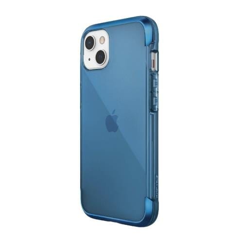 A blue smartphone with a transparent protective case, displaying the Apple logo on the back, dual cameras, and a side button visible. This iPhone 13 Pro Max Mini Case Raptic Air Clear Bumper Hard Cover by Raptic is shock absorbent and MagSafe compatible for convenient wireless charging.