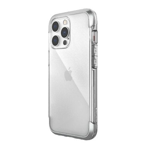 A silver smartphone with three rear cameras and an Apple logo, enclosed in a clear, shock-absorbent, MagSafe compatible iPhone 13 Pro Max Mini Case Raptic Air Clear Bumper Hard Cover by Raptic.