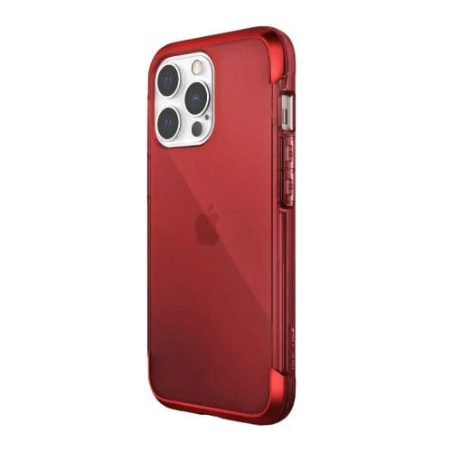 A red, shock absorbent iPhone 13 Pro Max Mini Case Raptic Air Clear Bumper Hard Cover by Raptic on a mobile phone with triple rear cameras.